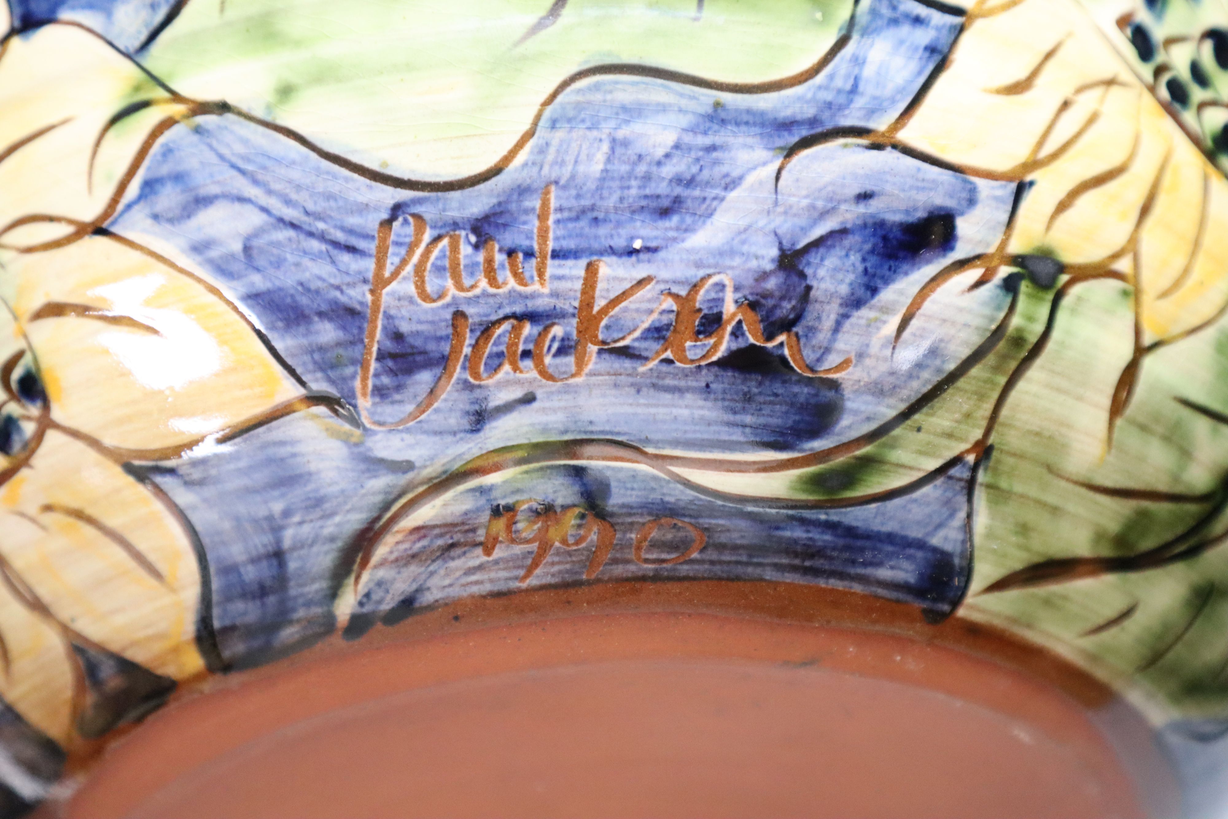 A Paul Jackson studio pottery Sunflower bowl, signed, diameter 36cm